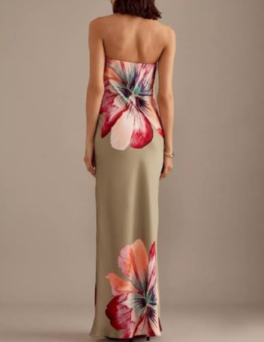 Image of Women Floral Strapless Maxi Dress Y2K Bodycon Tube Long Dresses Sexy Party Formal Cocktail Beach Slit Dress