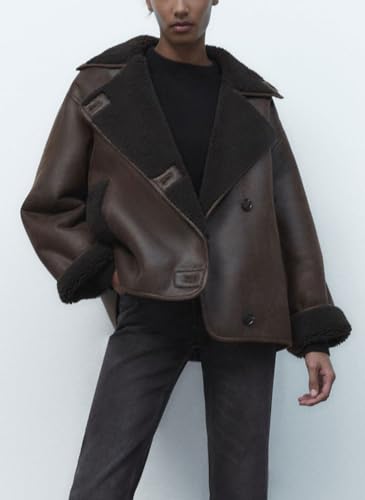 chouyatou Women's Winter Sherpa Lined Faux Leather Jacket Casual Motorcycle Oversized Leather Jacket3