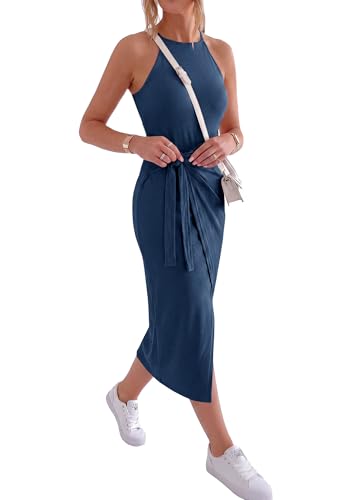 Image of NOLLSOM Women Casual Sleeveless Striped Tank Midi Dresses Halter Neck Ruched Bodycon Dresses Tie Waist T Shirt Summer Dress