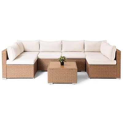 LAUSAINT HOME 7 Pieces Outdoor Patio Furniture, Outdoor Sectional Sofa Patio Furniture Sets Wicker Rattan Patio Conversation Sets with Cushion and Glass Table (Cream White)