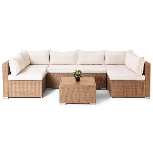 LAUSAINT HOME 7 Pieces Outdoor Patio Furniture Outdoor Sectional Sofa Patio Furniture Sets Wicker Rattan Patio Conversation Sets with Cushion and Glass Table Cream White