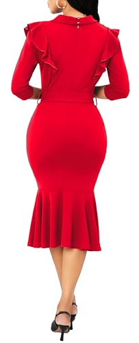 Image of SxClub Elegant Dress for Women Sexy 3 /4 Sleeve Business Knee Length Dresses Fishtail Zipper Belt