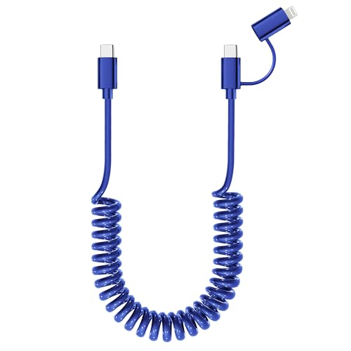 Coiled USB C to USB C and Lightning Cable PD 27W/60W for iPhone 15 [MFi Certified] Apple Car Play Cable & Android Auto USB C Cable Short for Car with Data Sync, for iPhone/iOS/Android/Laptop, Blue