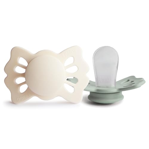 Image of FRIGG Lucky Symmetrical SilkySoft Silicone Baby Pacifier | Made in Denmark | BPA-Free (Cream /Sage, 0-6 Months)