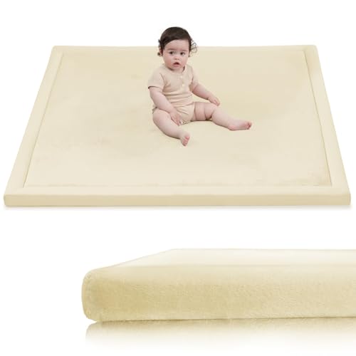 Image of Huloo Sleep Ultra Soft Baby Play Mat for Floor,1.3 inch Thick Elasti-Foam 47x47 Play Mat for Playpen,Water-Repellent Coral Velvet for Tummy Time, Non-Slip Backing Safe for Toddlers & Infants(Vanilla)