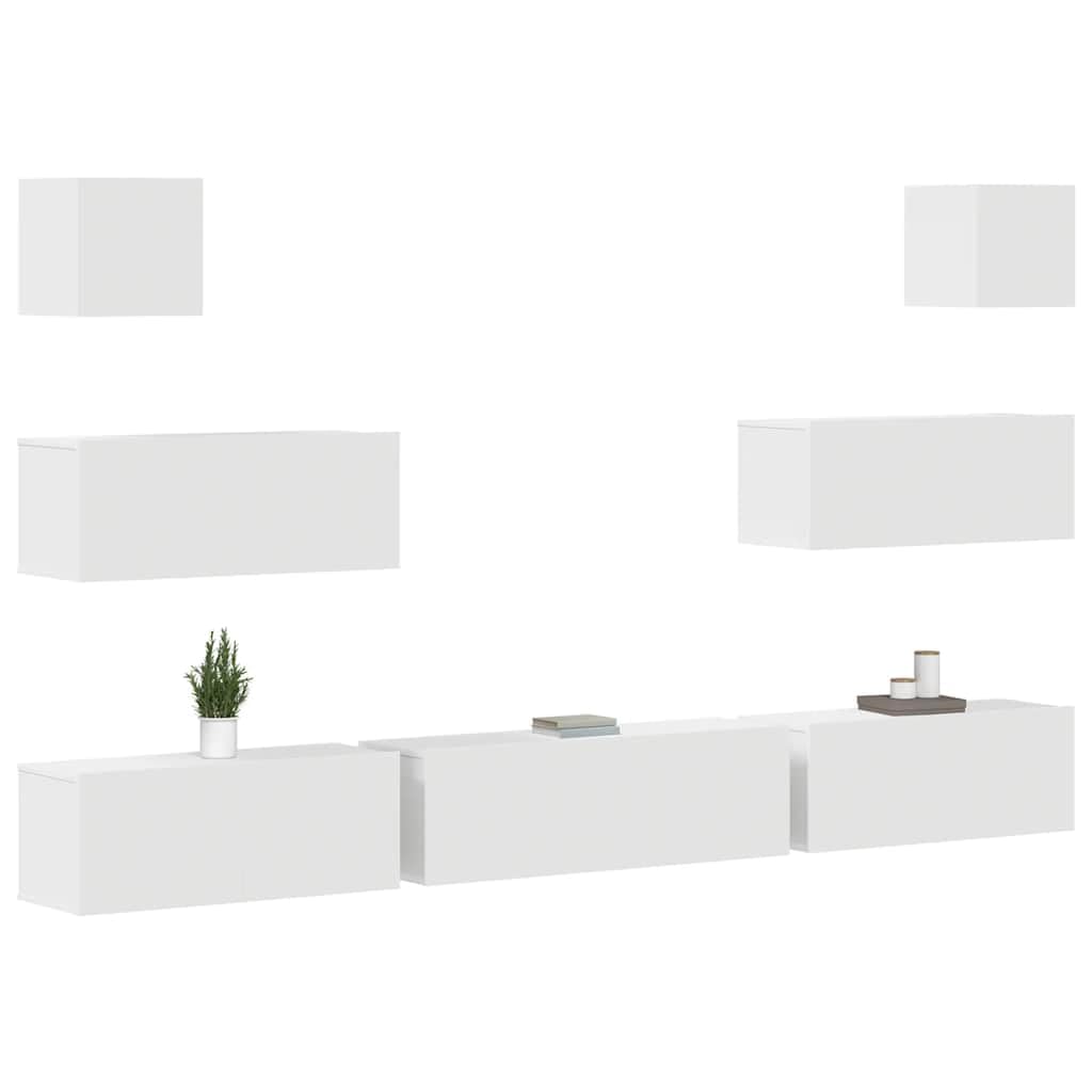 7-TLG. TV-Schrank-Set, Weiß Holzwerkstoff, Wandmontage, Modernes Media-Center für Wohnzimmer, Schlafzimmer, Robustes Entertainment-Center mit Stauraum