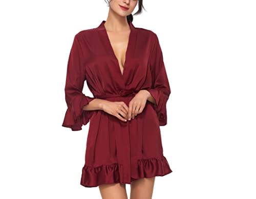 Toikeeoi Women's Kimono Robe Short Satin Pure Short Silky Robes Sexy V Neck Sleepwear (Wine, One Size) #TOP5