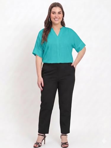 Image of SINDOORI Relaxed Fit Tops for Women Plus Size Solid Printed Mandarin Collar, Band Collar, V-Neck Top, Half Sleeve Loose Fit