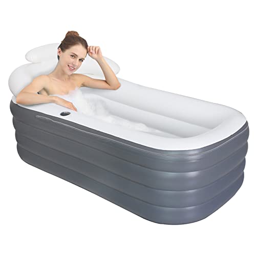Portable Foldable Inflatable Bath Tub,Single Person Soaking Bath Tub with Backrest for Pool, Bathroom, SPA Ice Bath Hot Bath (64.56 x 33 x 20 inches, Dark Grey)