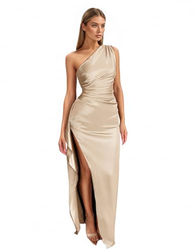 Image of Womens One Shoulder Ruched Side Satin Wedding Guest Dresses Adjustable Straps High Slit Backless Cocktail Maxi Dress