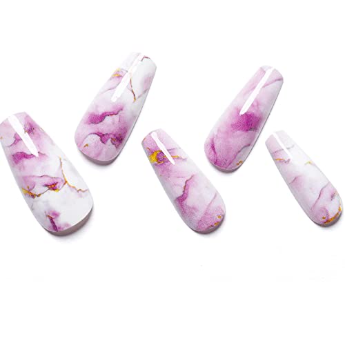 Marble Press on Nails Medium Coffin GLAMERMAID, Pink Gold Acrylic Fake Nails with Design Elegant Romantic Stick Glue on Nails Reusable False Nail Sets Ballerina Long Full Cover 24Pcs Nails