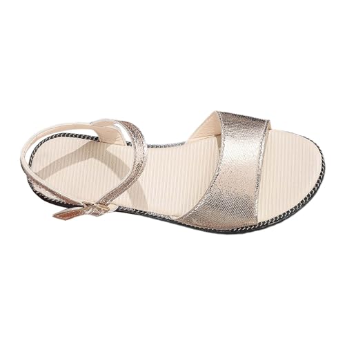 Sandaler, damer, eleganta, platta glitter – sandaletter, spänne, remsandaler, öppna strandsandaler, festliga festskor, bröllop, badsandaler, mjuka, utomhussandaler, ballerinaskor, Guld, 43 EU
