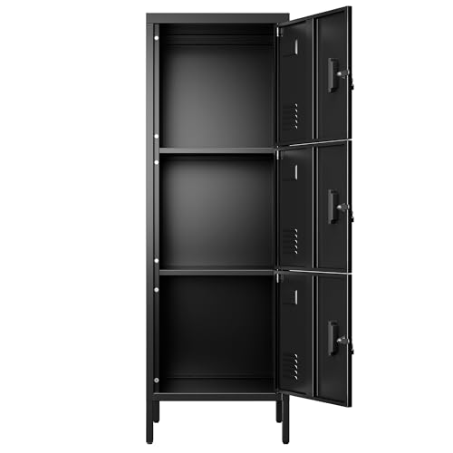 Image of Aobabo 16 inch W 3 Door Metal Storage Locker with Lock, 47 inch H Steel Locker with Name Card Holder and Metal Leg for School, Home, Office, Playroom, Assembly Required, Black