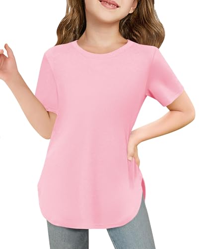 Image of Haloumoning Girls Short Sleeve T Shirts Summer Crewneck Shirt 5-14 Years | Casual, Solid, Loose Fit, Basic tees, Curve Hem, Soft Tunic Tops