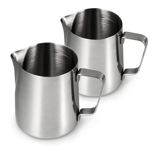 Ganzoo caraffa bricco latte 2 pezzi, inox argento, 350 ml ciascuno, per caffè con beccuccio per colata precisa, manico stabile, geometria conica per movimento del liquido, lavastoviglie, non induzione