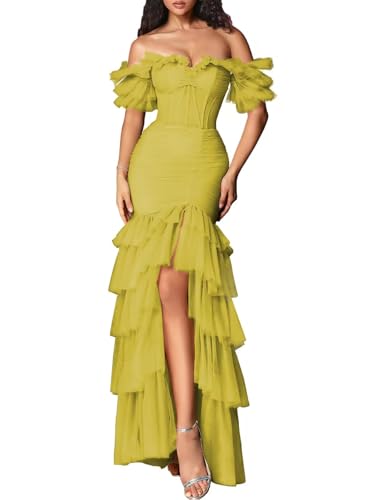 Off Shoulder Prom Dress for Women 2025 Tiered Tulle Mermaid Long Formal Party Gowns with Slit