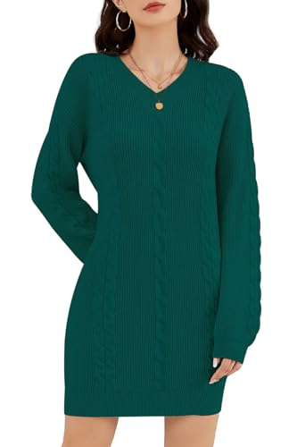 ZLIGXEA Strickkleid für Damen Herbst V-Ausschnitt Langarm Elegant Zopfmuster Strickpullover Kleid Winter Dehnbares Strickkleid Figurbetont Grün S