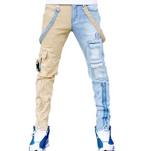 Men's Slim Fit Patchwork Jeans Hip Hop Fashion Straight with Zip Cargo Color Block Denim Pants
