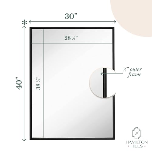 Hamilton Hills Clean Large Modern Black Frame Wall Mirror | 30" x 40" Contemporary Silver Backed Floating Glass Panel | Mirrored Rectangle Hangs Horizontal or Vertical