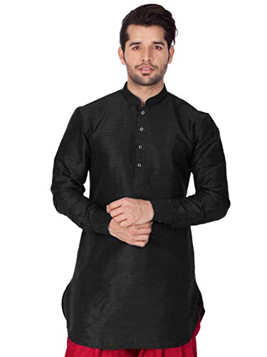 Image of Vastramay Men's Gold Curved Shape Pathani Style Silk Cotton Kurta - Mid-Length with Buttoned Cuff, Soft & Comfortable Ethnic Wear