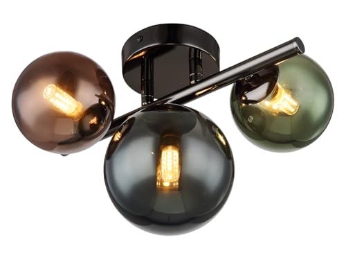 Plafonnier de salon, métal gris mat, boule en verre bronze, vert pétrole, 3 ampoules LED G9, blanc chaud, 28,5 x 23,5 x 20,5 cm