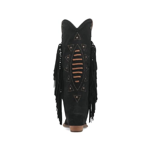 UniqueStride Women Fold Over Fringe Western Boots Tassels Suede Chunky Heel Cowboy Cowgirl Studded Stitching Snip Toe Boots4