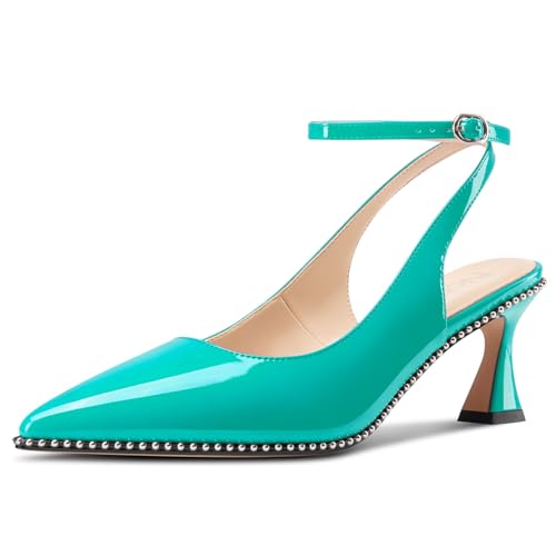 Image of NobleOnly Womens Slingback Heels Beaded Pumps Ankle Strap Pointed Toe Kitten Heels Dress Shoes 2.6 Inches