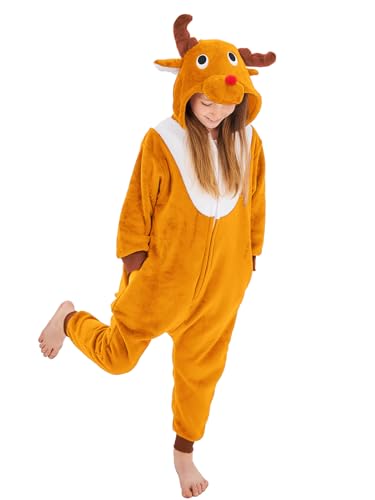 Image of GONAAP Unisex Adult Brown Reindeer Onesie Pajamas Animal One Piece Costume Cosplay Sleepwear (Brown Reindeer, 13-14Years)