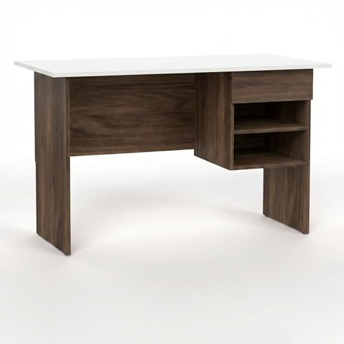 Image of Aris Study Table with Drawer & Storage Shelves, Modern Dual-Tone Office Desk for Home & Students, 116x57x72cm (Brown Maple & White)