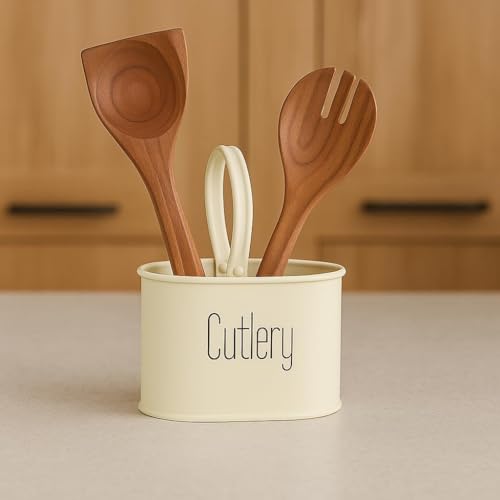 Image of Clazkit Plastic Cutlery Holder for Kitchen Counter | Rust-Resistant Spoon, Fork & Knife Organizer | Multipurpose Utensil Storage Basket | Ivory