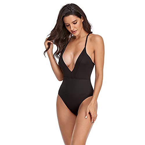 Damen-Badeanzug-V-Ausschnitt-einteilig-Bauchkontrolle-einfarbig-Bikini-Badeanzug