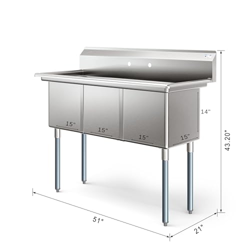 Image of KoolMore 51 in. Three Compartment 18-Gauge Stainless-Steel NSF Commercial Kitchen Sink, Bowl Size 15x15x14, with Three Basins and Pre-Drilled Faucet Holes for Restaurants and Cafes (KM-SC151514-N3)