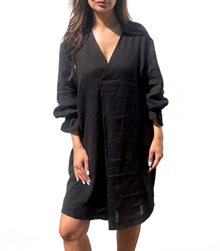 Diana Kein Malibu Linen Dress — Women’s Organic Black Midi — Sustainable Toxin-Free Fabric — Lightweight Casual Summer Wear (US, Alpha, Medium, Regular, Regular, Black)