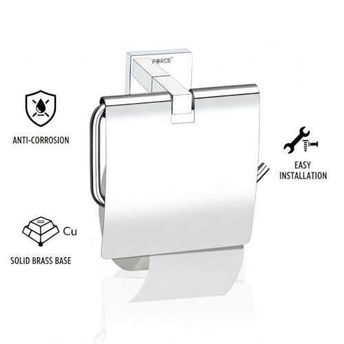 Image of Force Toilet Paper Holder with Shelf - Pack of 2 - Wall Mounted Stainless Steel 304 - Brushed Chrome Finish - Square Brass Base - Rustproof Bathroom Tissue Roll Stand with Storage Shelf