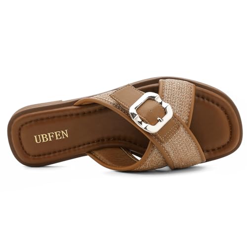 Image of UBFEN Womens Square Toe Flat Sandals Slides Dressy Comfortable for Beach