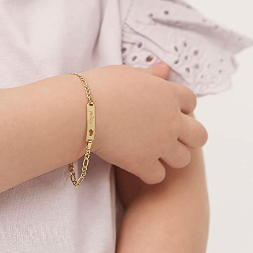14k Yellow Gold Unisex Adjustable Girls Name ID Bracelet Engravable Heart Tag - Figaro Link Chain Rectangular Name Plate Bracelets for Babies & Children3