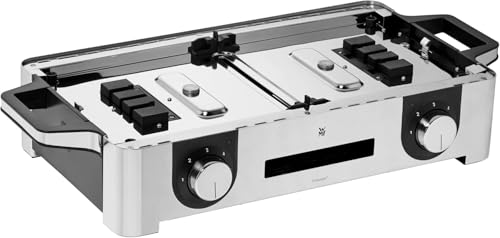 Foto von WMF Lono Master-Grill, Elektrogrill, 50x28 cm, Elektrogrill Tischgrill mit Windschutz und Auffangschale, Outdoorzertifiziert für Barbecue, 2 getrennt regulierbare Grillflächen, 2400 W, edelstahl matt