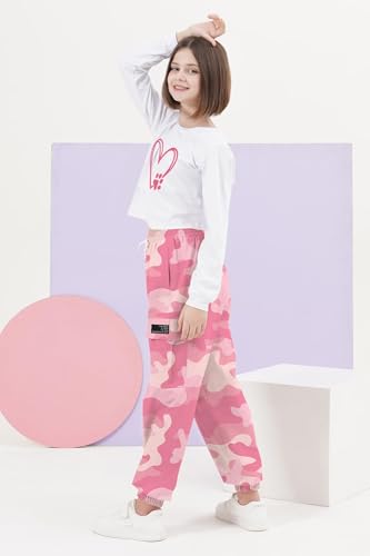 Image of SANGTREE Girls' Clothing Sets Crop Top & Cargo Jogger Pants 2 Piece Outfit, White+camouflage, 13-14Y = Tag 170