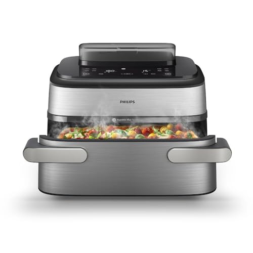 Philips Airfryer 5000 Series Megabasket met Stoom - Steamfry, Stomen & Airfryen - 28 Bereidingswijzen; 9,5L in Megabasket of 3L + 6L Dual Basket, RapidAir Plus, Auto SteamClean (NA565/00)