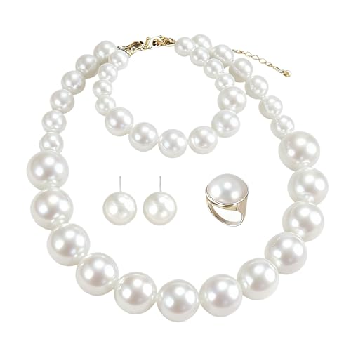 4 Piece Juego de Joyas de Perlas, Conjunto de Joyas Mujer con Collar Perlas, Pulsera Perla, Pendientes Perla, Anillo Perlass, Juego de Pendientes Collar y Pulsera de Perlass para Mujer Niña (Blanco)