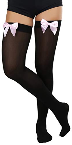 Image of ToBeInStyle Women's Opaque Long Thigh High Stockings w /Decorative Front Satin Bow