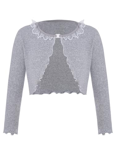 Kids Girls Dance Sweater Ballerina Ruffled Trim Long Sleeve Knit Wrap Top Ballet Cardigan Shrug Dancewear