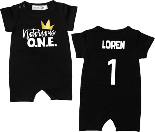 Notorious ONE Personalized First Birthday Slim Fit Romper for Baby with Hip Hop Theme (18 month, Black)