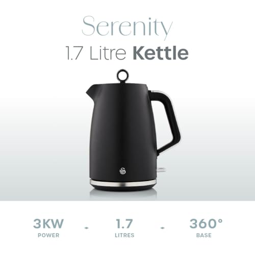 Swan Serenity SK14017BLK 1.7 Litre Kettle with Quick Boiling, 360-Degree Base, Boil Dry Protection, Water Level Indicator, Non-Slip Feet, 3000W, Black - 2