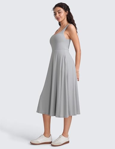 Image of CRZ YOGA Cloudweight Double Lined Square Neck Midi Dresses for Women Casual Summer Sleeveless Outfits with Side Pockets