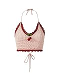 Verdusa Women's Halter Tie Backless Scallop Trim Cute Knitted Cami Crop Top Multicolor Large