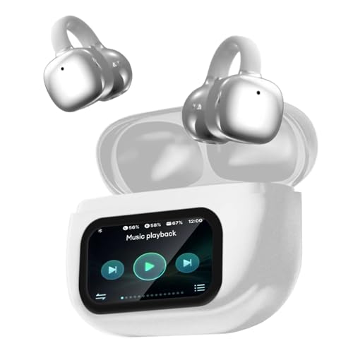 【Touch screen LED intelligente】Le cuffie open-ear sono dotate di un ampio touch screen LED che mostra chiaramente data e ora, nonché il livello della batteria degli auricolari e della custodia di ricarica. Offre anche funzioni come equalizzatore musicale, ricerca auricolari, acquisizione foto, regolazione della luminosità, regolazione dell'ora, impostazione della sveglia, regolazione del volume, salto canzone e altro ancora. Questo ti consente di gestire facilmente musica e chiamate.