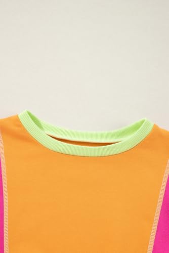 Image of KevaMolly Womens Long Sleeve Tops Colorblock Patchwork Exposed Stitching Oversize Top Round Neck Casual Pullover