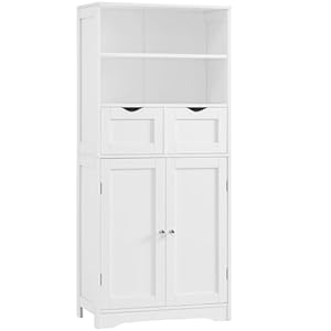 Iwell Tall Bathroom Cabinet, Storage Cabinet with 2 Drawers & Adjustable Shelves, Bathroom Storage Cabinet for Living Room, Dining Room, Entryway, White