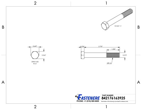 Image of 3 /8-16 x 2-3 /4 inch Hex Head Cap Screw Bolts, External Hex Drive, Stainless Steel 304, Partially Threaded, Stainless Steel, Quantity 10 By Fastenere
